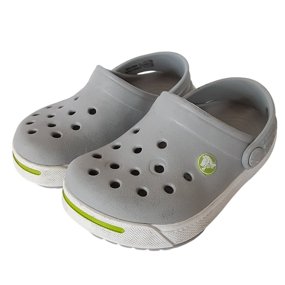 Crocs Crocband Clogs Boys 6/7 Gray Lime Green Stripe Retro Water Shoes Summer